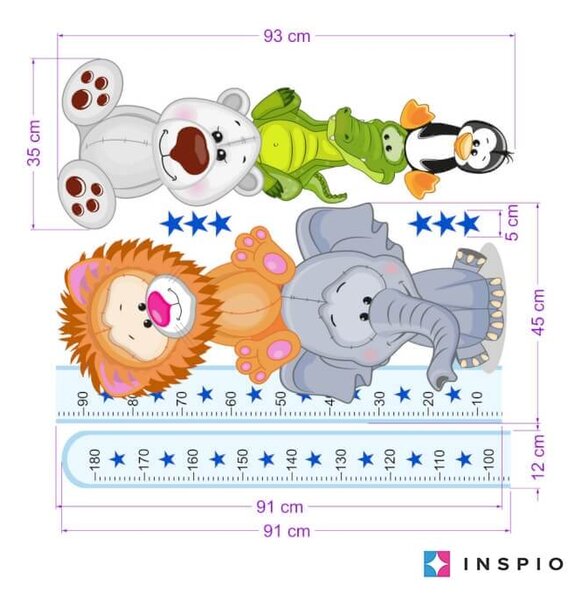 INSPIO Dětské samolepky na zeď - Modrý metr s barevnými zvířátky (180 cm)