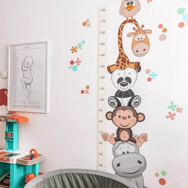 INSPIO Samolepky do dětského pokoje - Oranžový dětský metr s veselými zvířatky