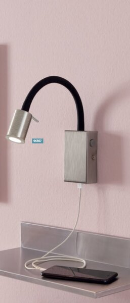 Eglo 96567 TAZZOLI - LED svítidlo na zeď na husím krku s vypínačem a USB výstupem na nabíjení (LED nástěnné svítidlo s husím krkem 3,5W, 380lm, 3000K, výstup USB 5V 2A)