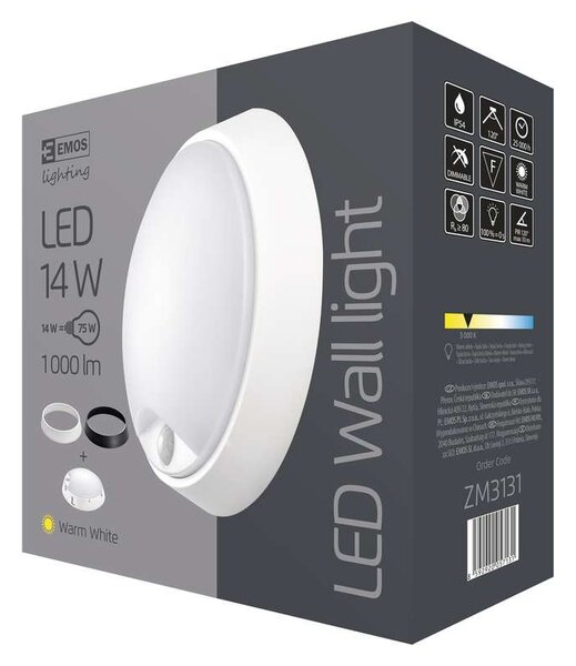 Emos ZM3131 ZURI - LED nástěnné venkovní svítidlo se senzorem IP54, 14W, 3000K, 1000lm (LED kulaté svítidlo na zeď s čidlem pohybu, černá nebo bílá barva ( součástí ))