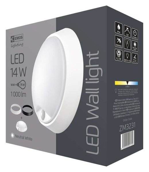 Emos ZM3231 ZURI - LED nástěnné venkovní svítidlo se senzorem IP54, 14W, 4000K, 1000lm (LED kulaté svítidlo na zeď s čidlem pohybu, černá nebo bílá barva ( součástí ))