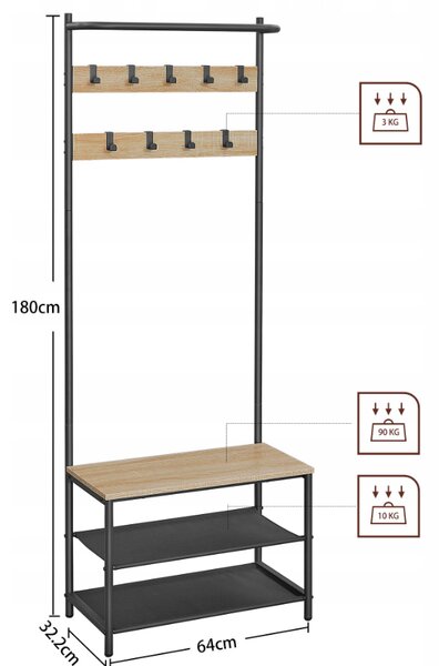Kovová předsíňová stěna LOFT 180 cm, černá/dub sonoma