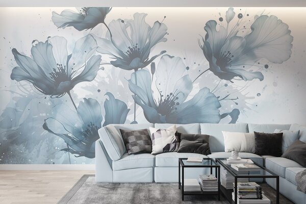 Fototapety Jemné modré květy s jemnými, rozmazanými okvětními lístky a akvarelovými skvrnami na světlém pozadí, Fototapety akvarel, w08376 : uwalls.cz