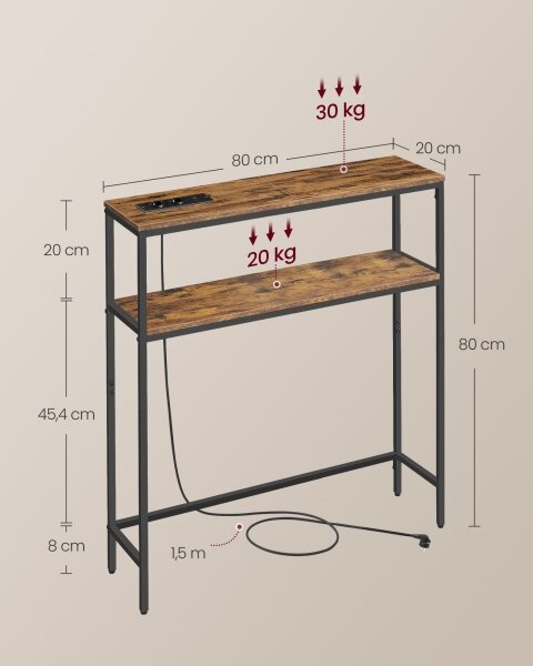 Konzolový stolek s vestavěnými zásuvkami a USB porty LUVOR 80x20 cm hnědá/černá