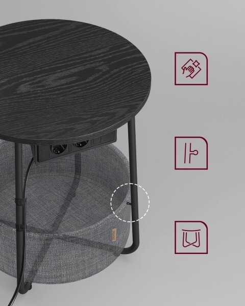 Odkládací stolek s vestavěnými zásuvkami a USB porty NOIRA 45 cm šedá/černá