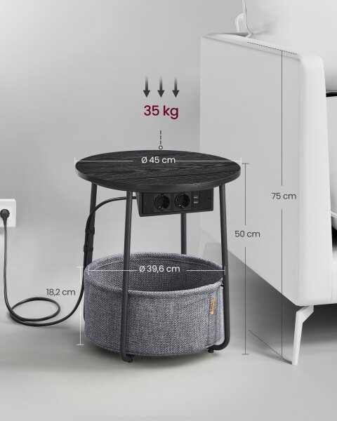 Odkládací stolek s vestavěnými zásuvkami a USB porty NOIRA 45 cm šedá/černá