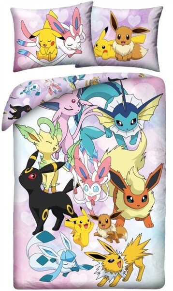 Ložní povlečení z mikrovlákna Pokémoni - motiv Pikachu a Eeveelutions - 70x90 cm + 140x200 cm