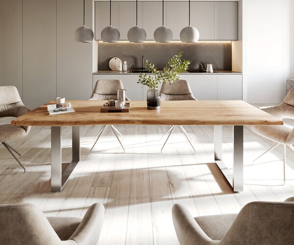 DELIFE Jídelní stůl Edge 240x100 cm akácie přírodní nerezová ocel úzký Live-Edge