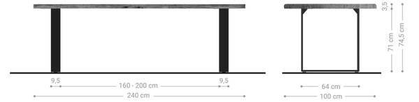 DELIFE Jídelní stůl Edge 240x100 cm akácie přírodní nerezová ocel úzký Live-Edge