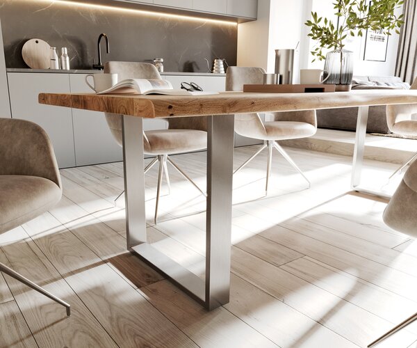 DELIFE Jídelní stůl Edge 240x100 cm akácie přírodní nerezová ocel úzký Live-Edge