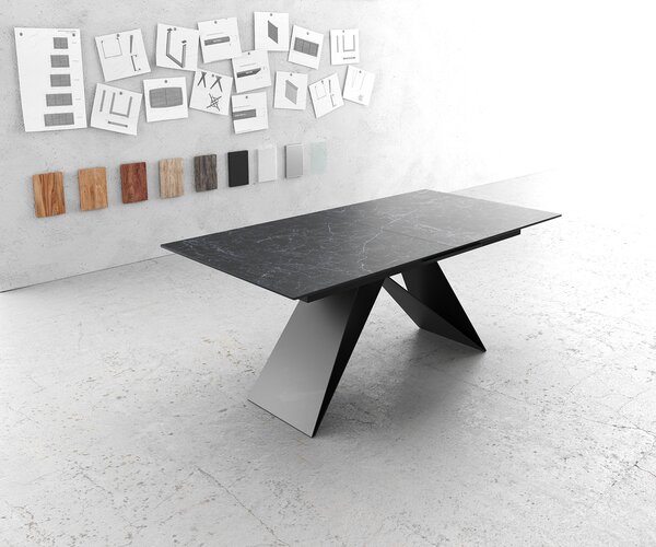 DELIFE Jídelní stůl Edge 180-220x90cm keramika Laminam®Nero Greco antracitová podnož ve tvaru V černá rozkládací