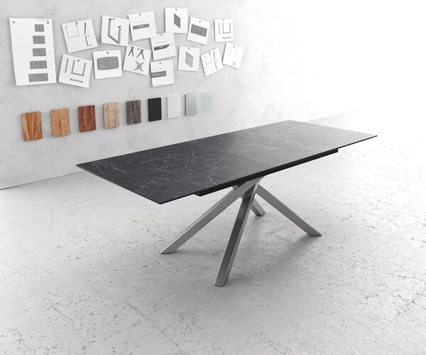 DELIFE Jídelní stůl Edge 180-220x90 cm keramika Laminam®Nero Greco antracitová křížová podnož pravoúhlý nerezová ocel rozkládací
