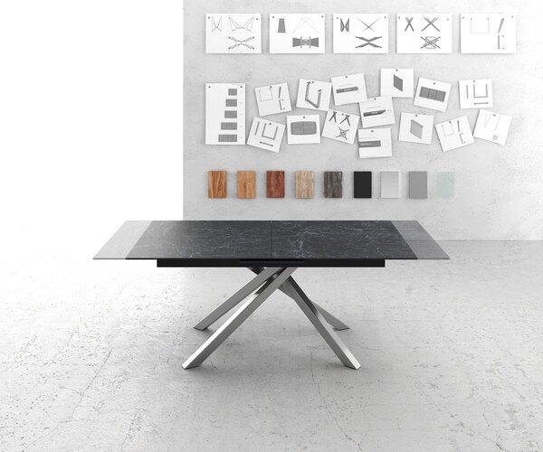 DELIFE Jídelní stůl Edge 180-220x90 cm keramika Laminam®Nero Greco antracitová křížová podnož pravoúhlý nerezová ocel rozkládací