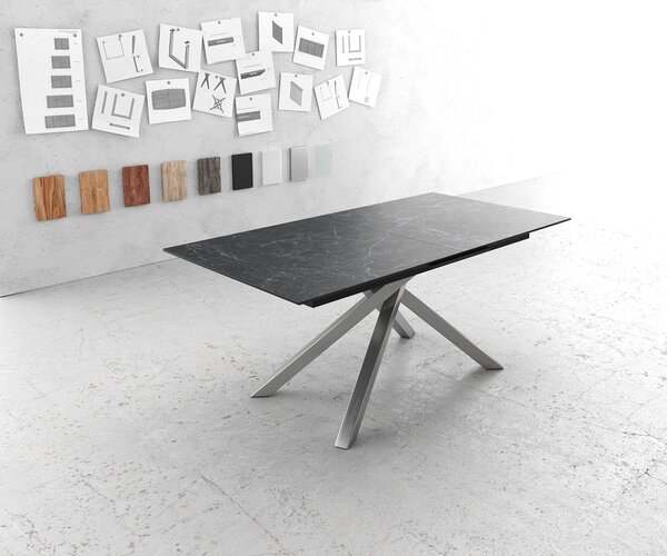 DELIFE Jídelní stůl Edge 180-220x90 cm keramika Laminam®Nero Greco antracitová křížová podnož pravoúhlý nerezová ocel rozkládací
