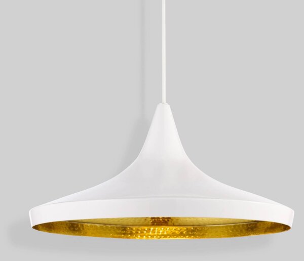 Tom Dixon LED závěsné světlo Beat Wide, bílé, Ø 36 cm, mosaz, stmívatelný, Bílá / opál, Obývací pokoj / jídelna, Mosaz, Design