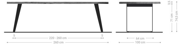 DELIFE Jídelní stůl Edge 260x100 cm akácie přírodní nerezová ocel stříbrná šikmý Live-Edge