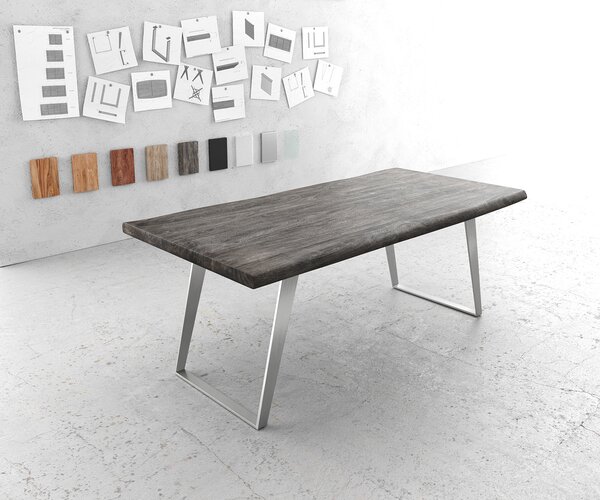 DELIFE Jídelní stůl Edge 200x100 cm XL akácie platinová nerezová ocel stříbrná šikmý Live-Edge