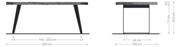 DELIFE Jídelní stůl Edge 200x100 cm XL akácie platinová nerezová ocel stříbrná šikmý Live-Edge