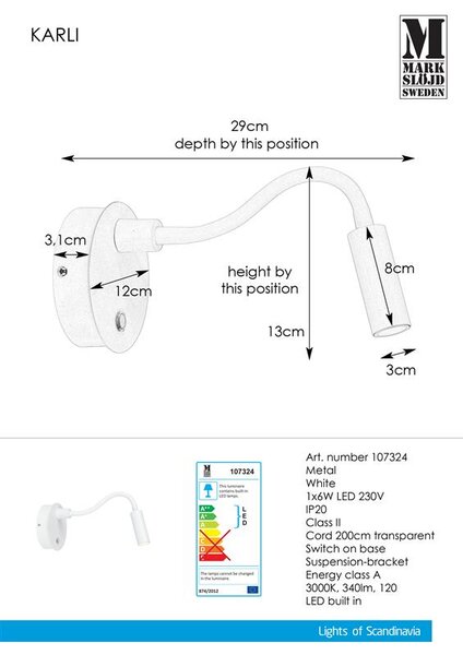 Markslojd 107324 KARLI - Nástěnné LED svítidlo na husím krku s kabelem do zásuvky a dotykovým vypínačem na svítidle (LED svítidlo vhodné za gauč nebo nad postel, vypínač na svítidle)