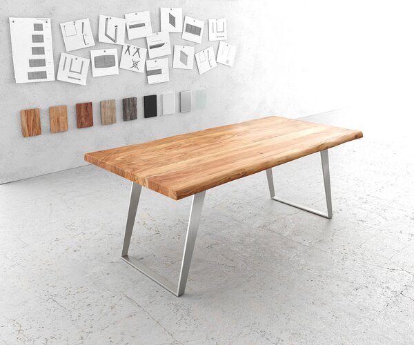 DELIFE Jídelní stůl Edge 200x100 cm XL akácie přírodní nerezová ocel stříbrná šikmý Live-Edge