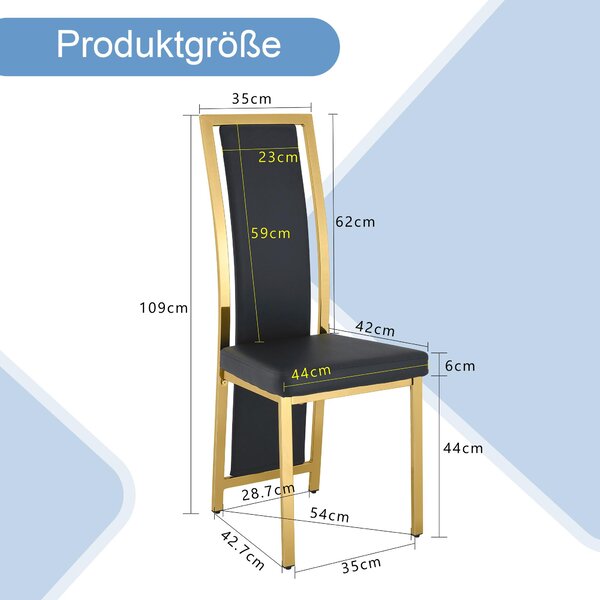 [Sada 4 kusů] Evropské minimalistické jídelní židle se zlatým lemem. Černá umělá kůže + zlatý kovový rám, výška 109 cm, vhodné pro různé použití, jako je jídelna, kancelář atd. Černá + zlatá
