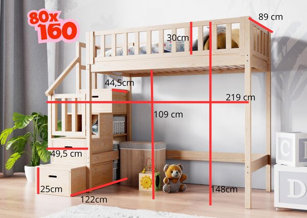 Vyvýšená postel se schody 160x80 cm - různé barvy Barva: bez laku, Strana schodů: pravá