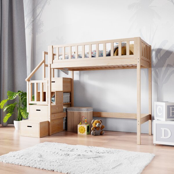 Vyvýšená postel se schody 160x80 cm - různé barvy Barva: bez laku, Strana schodů: pravá