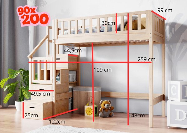 Vyvýšená postel se schody 160x80 cm - různé barvy Barva: bez laku, Strana schodů: pravá