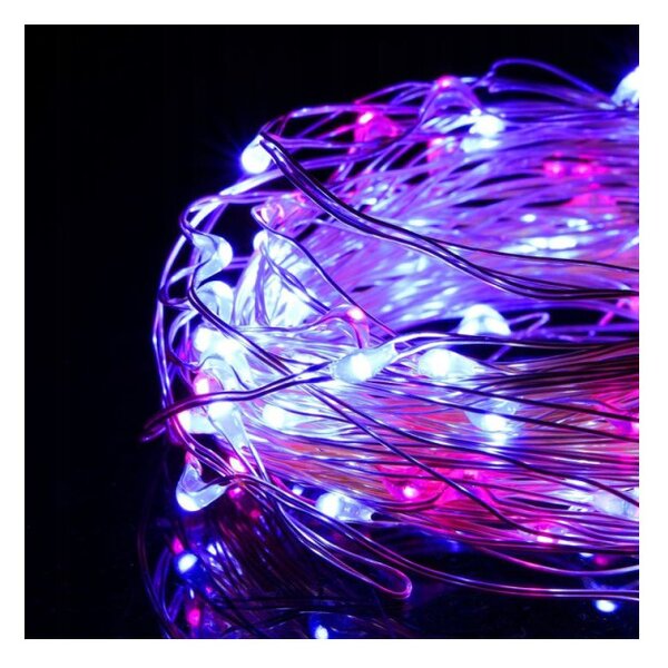 LED řetěz Nano Duo - 10m, 100LED, 3xAA, modrá/růžová