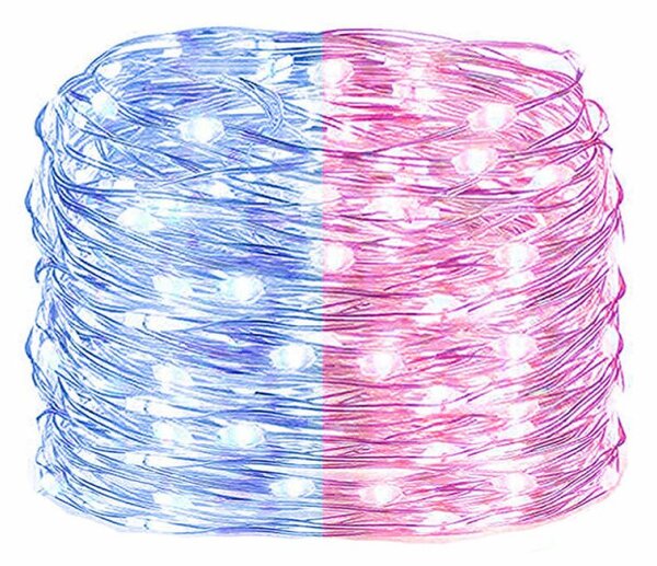 LED řetěz Nano Duo - 10m, 100LED, 3xAA, modrá/růžová