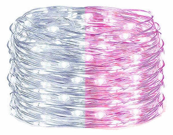 LED řetěz Nano Duo - 10m, 100LED, 3xAA, bílá/růžová
