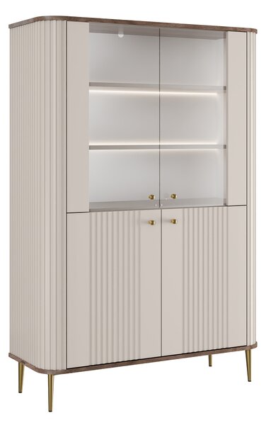 Vitrína Vesper 103 cm čtyřdveřová - kašmír / ořech / zlaté nohy