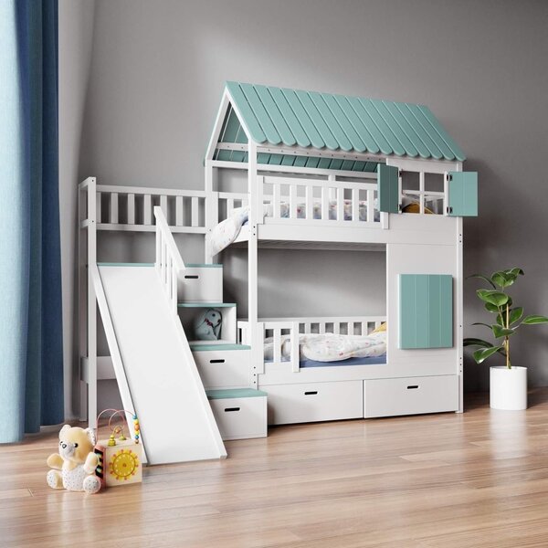 Patrová domečková postel Konkord se skluzavkou Barva: modrá, Velikost matrace: 160x80 cm, Strana schodů: levá