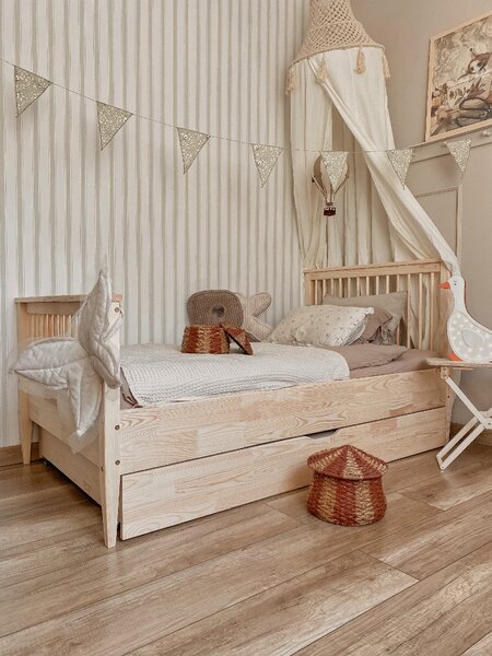 Dětská postel Boho příčky s šuplíkem / přistýlkou Barva: přírodní, Velikost: 200/100, Úchyt šuplíku: frézovaný