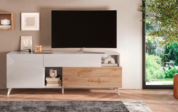 KOMODA POD TELEVIZI, barvy dubu, vysoce lesklá bílá, 181/67/42 cm Carryhome - Online Only obývací stěny, Online Only