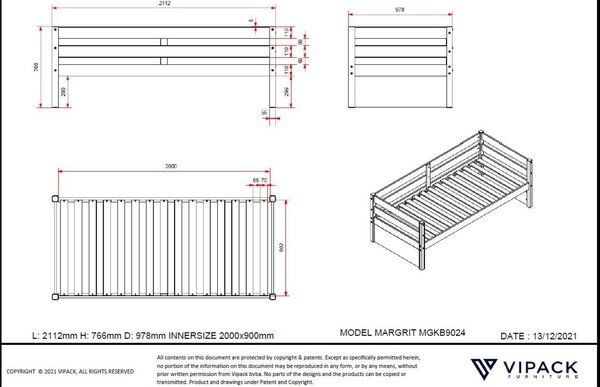 Bílá borovicová postel Vipack Margrit 90 x 200 cm