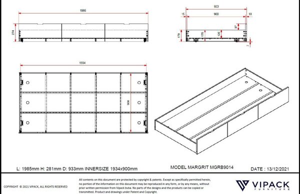 Bílá borovicová zásuvka k posteli Vipack Margrit 198,5 x 93,3 cm