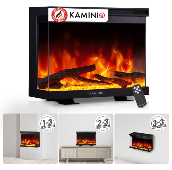 KAMINIO Elektrický krb LEA – Elektrický krb 3 v 1 s panoramatickým výhledem, topením, 3D efektem plamenů, 12 barvami plamenů, dálkovým ovládáním – 30 palců
