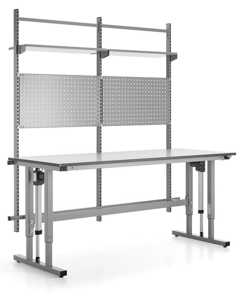 AJ Produkty Výškově nastavitelný pracovní stůl MOTION, 400 kg, 2000x800 mm, s panelem na nářadí a policemi