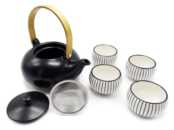 Porcelánová čajová souprava Oxalis Japandi, černo-bílá, konvice 1 l a 4 šálky, s nerezovým sítkem