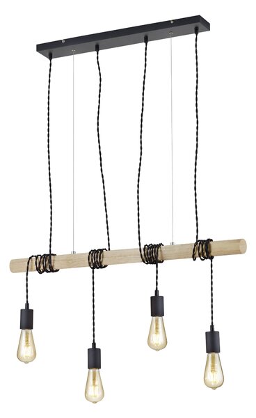 Trio Leuchten R30244032 BRODY - Retro závěsný lustr s dřevěnou tyčí 4 x E27, šířka 85cm (Závěsné retro svítidlo se stínidly omotanými okolo dřevěné lišty )