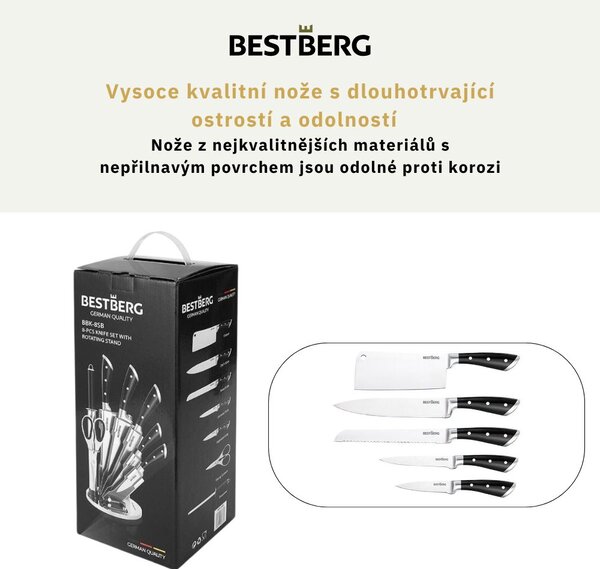 8dílná sada nožů s otočným stojánkem BestBerg BBK-8SB / černá/stříbrná