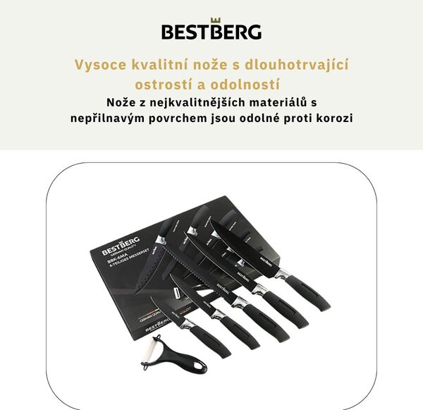 5dílná sada nožů s nepřilnavým mramorovým povrchem + škrabka BestBerg BBK-6MA / černá