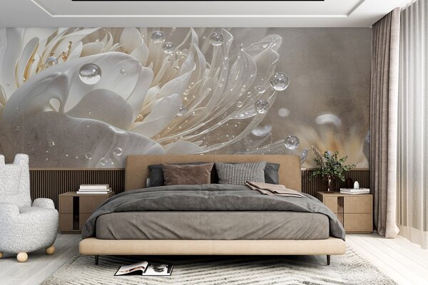 Fototapety Detailní záběr na béžový květ pivoňky s kapkami vody na jemných okvětních lístcích, které, Fototapety květiny, w08402 : uwalls.cz