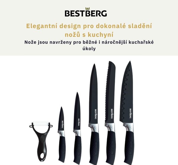 5dílná sada nožů s nepřilnavým mramorovým povrchem + škrabka BestBerg BBK-6MA / černá
