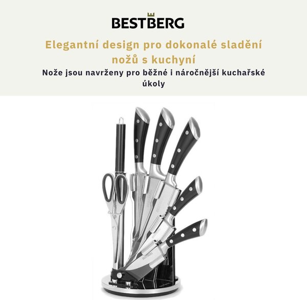 8dílná sada nožů s otočným stojánkem BestBerg BBK-8SB / černá/stříbrná