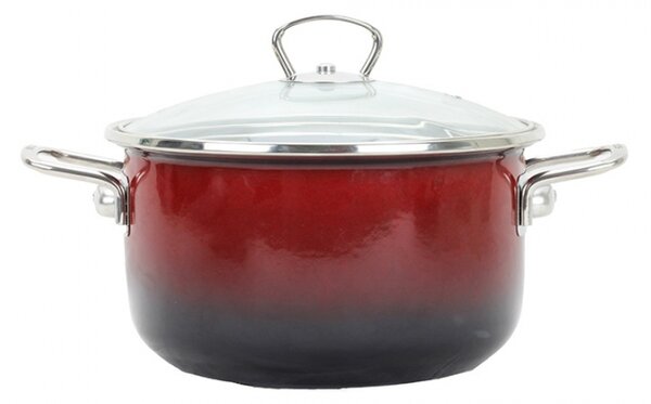 BELIS Smaltovaný hrnec se skleněnou poklicí PREMIUM ombré červený 16 cm/1,5l