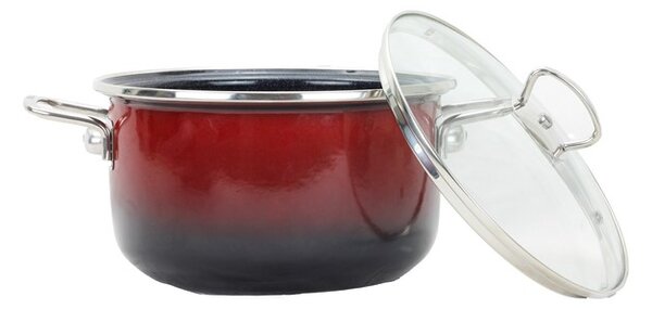 BELIS Smaltovaný hrnec se skleněnou poklicí PREMIUM ombré červený 16 cm/1,5l