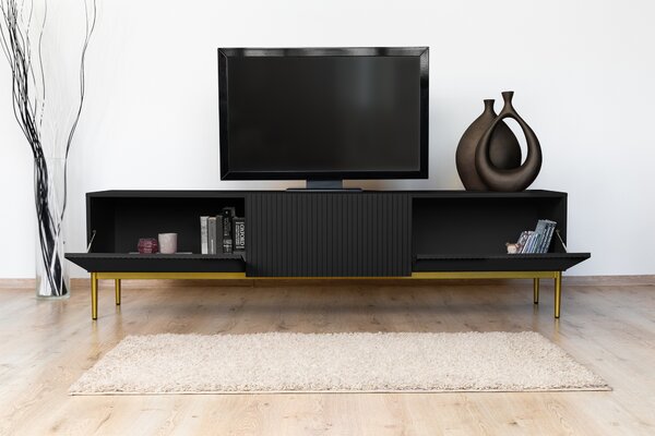 TV stolek Nicole 200 cm se zásuvkami - černý mat / zlaté nožky