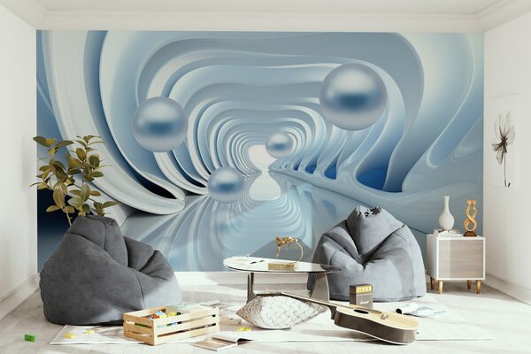 Fototapety Futuristická tapeta s panoramatem tunelu v perspektivě a létajícími, Fototapety 3D, Fototapety 3d geometrické tvary, w02134 : uwalls.cz